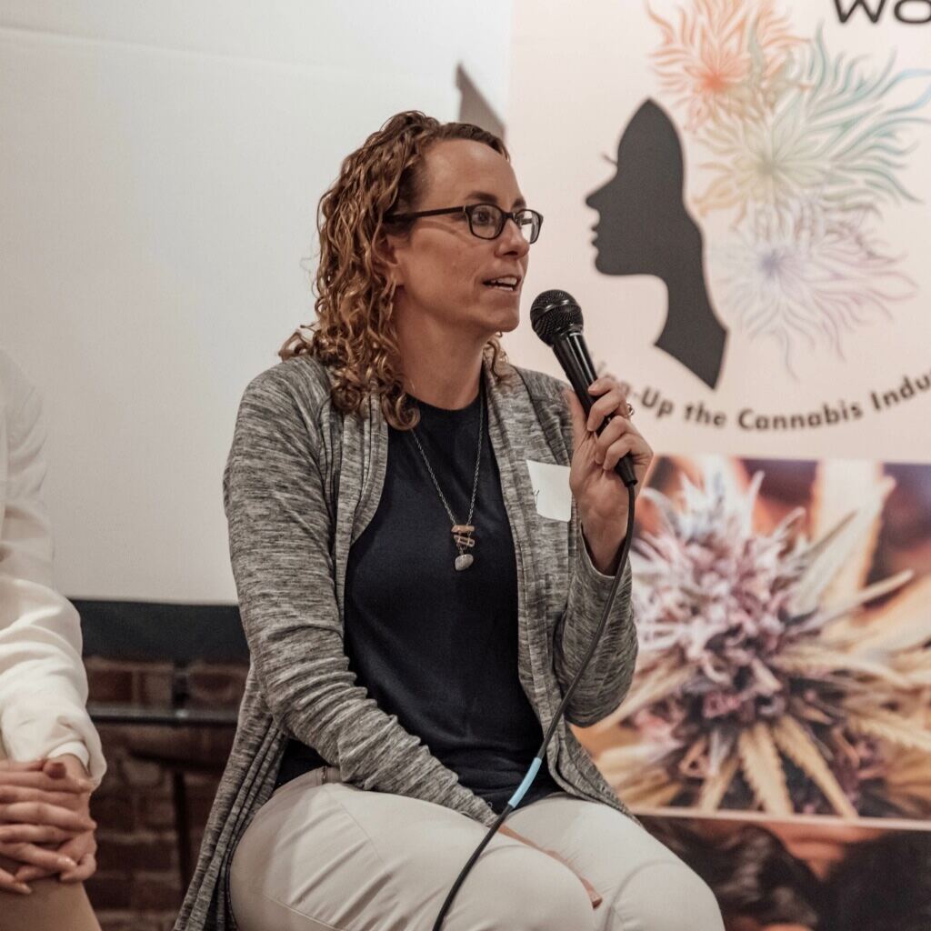 Amy Welker speaking at cannabis industry panel